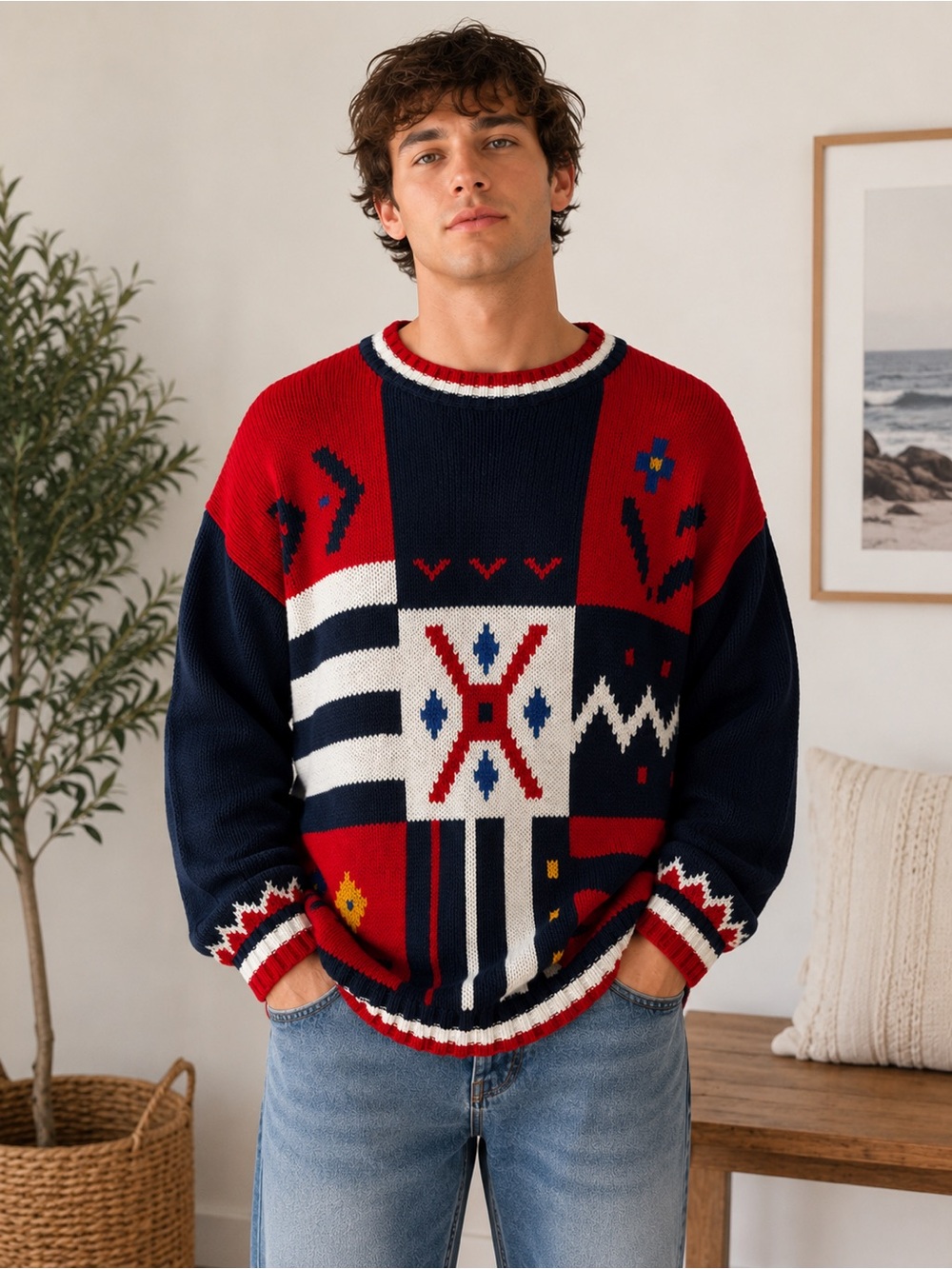 Vintage Cabin Creek Southwestern Geometric Crewneck Sweater Ramie cotton blend L